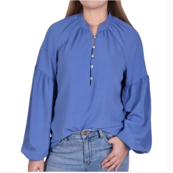 NY Collection Tops - NY Collection Balloon Sleeve Peasant Blue Blouse Plus Size 2X (18/20)